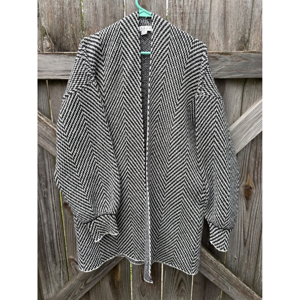 Hyfve Black White Chevron Knit Open Front Cardigan Sweater HF25A816 Womens L